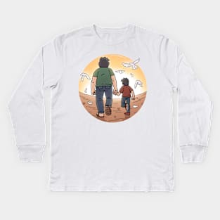 Father Dad and Son Holding Hand Cartoon Kids Long Sleeve T-Shirt